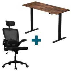 LVN System Lite elektromos asztal + forgószék szett - Barna/fekete 140x60cm elektromosan állítható magasságú íróasztal - Fekete forgószék