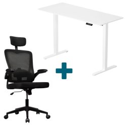 LVN System Lite elektromos asztal + forgószék szett - Fehér 140x60cm elektromosan állítható magasságú íróasztal - Fekete forgószék