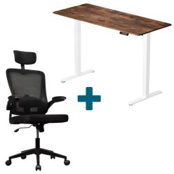 LVN System Lite elektromos asztal + forgószék szett - Barna-fehér 140x60cm elektromosan állítható magasságú íróasztal - Fekete forgószék