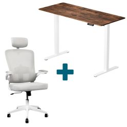 LVN System Lite elektromos asztal + forgószék szett - Barna-fehér 140x60cm elektromosan állítható magasságú íróasztal - Fehér forgószék